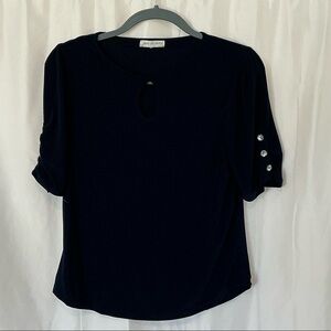 Joie De Vivre- Navy Short-Sleeve Keyhole Blouse with Decorative Sleeve Buttons